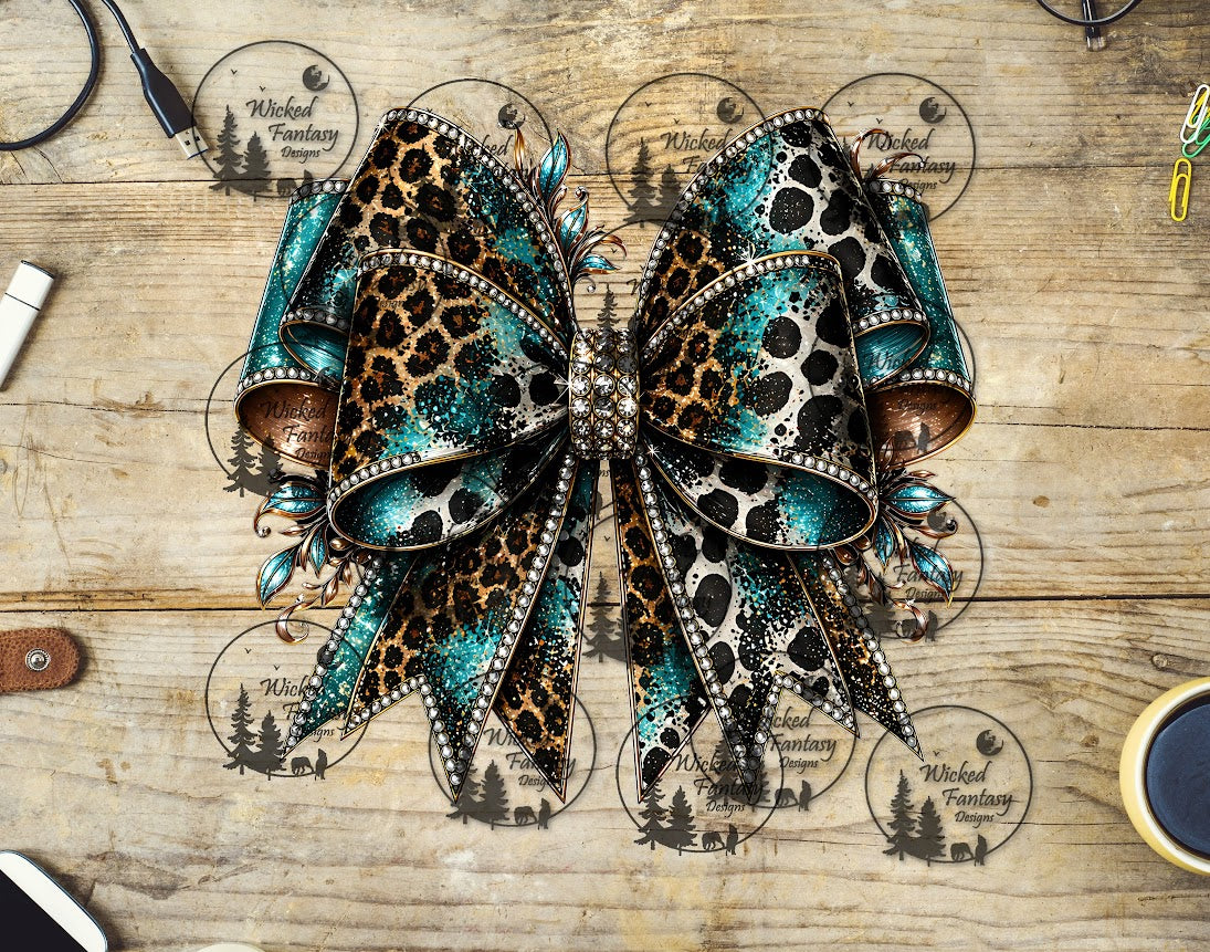 UVDTF Turquoise Cow Hide Leopard Filagree Triple Bow