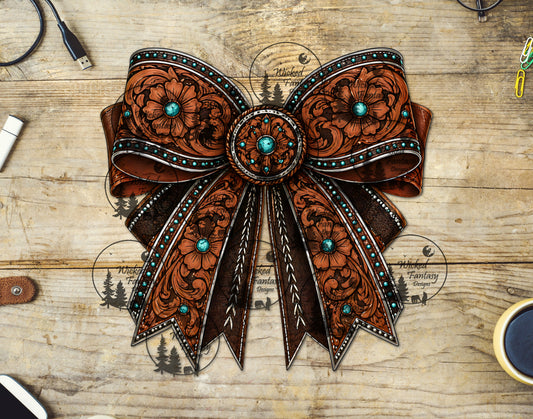 UVDTF Tooled Leather Bow with Conchos and Turquoise