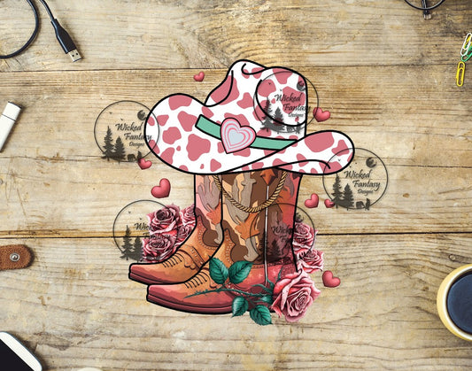 UVDTF Valentines Day Cowgirl hat and Boots