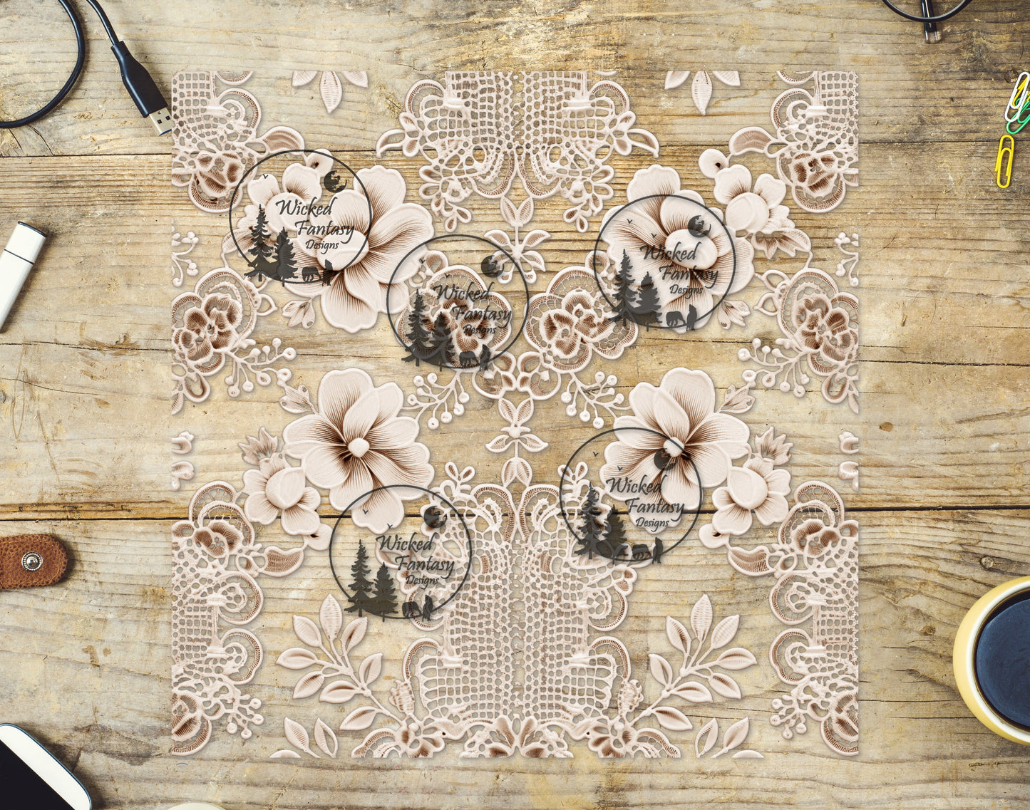 UVDTF Decal Sheet Warm Ivory Cream Floral Lace 10"x10"