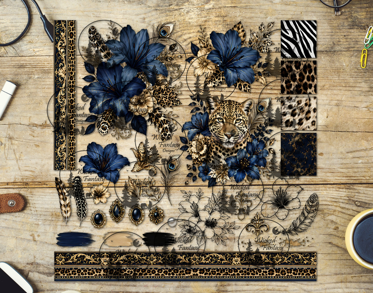 UVDTF Navy Leopard Hibiscus Multimedia Element Sheet