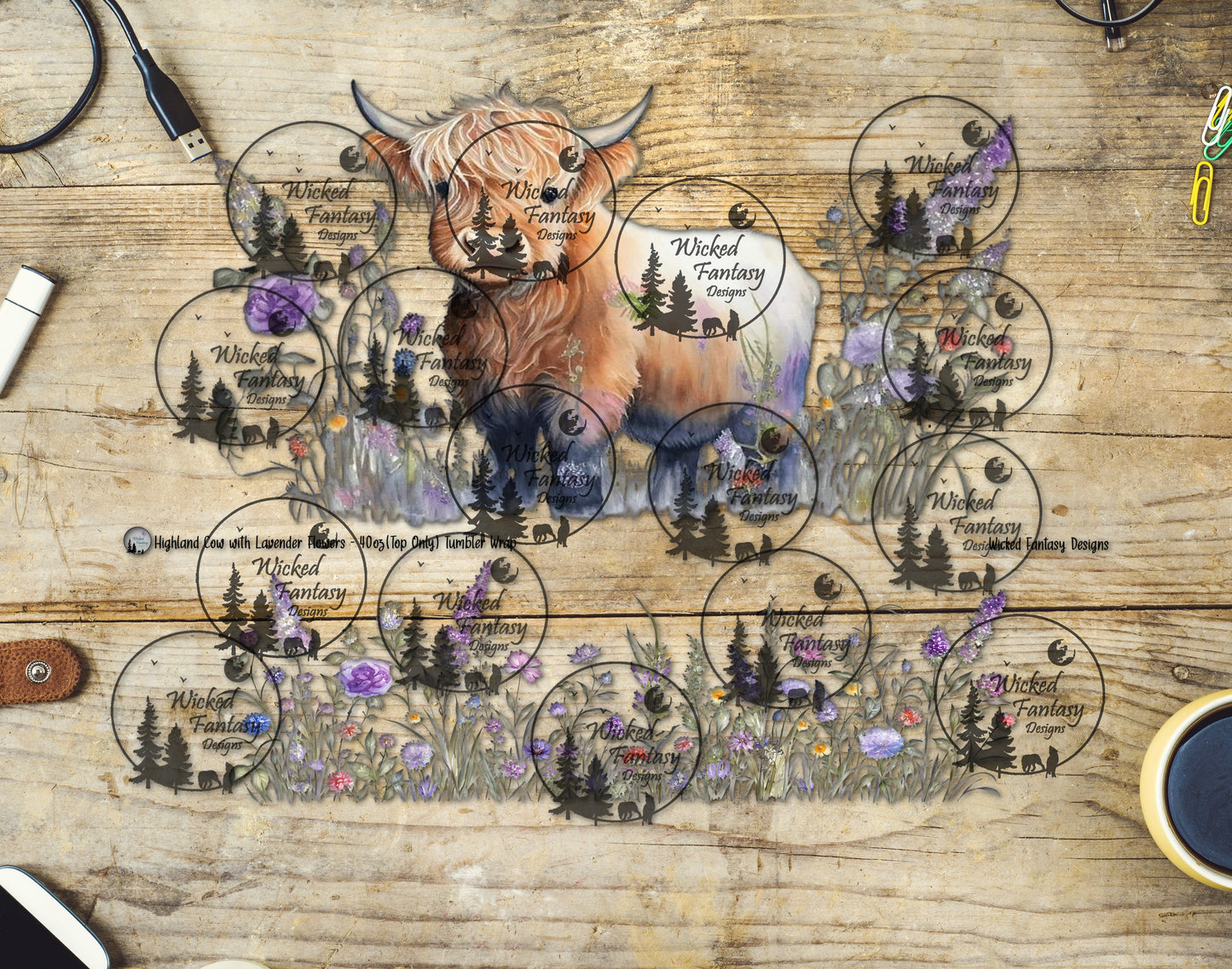 UVDTF Highland Cow with Lavender Flowers 16oz 40oz Tumbler Wrap Element