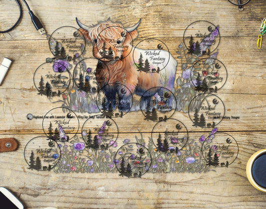 UVDTF Highland Cow with Lavender Flowers 16oz 40oz Tumbler Wrap Element