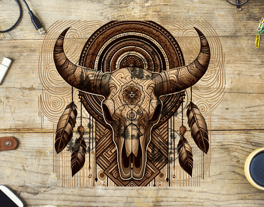 UVDTF Boho Beige and Tan Cow Skull with Feathers Element