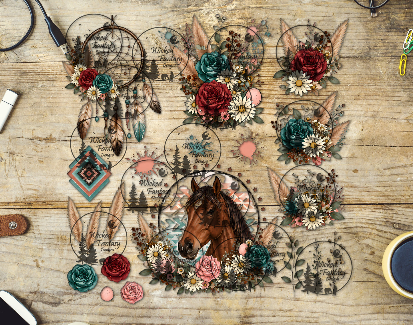 UVDTF Western Daisy Boho Horse and Dreamcatcher 11x11" Element Sheet