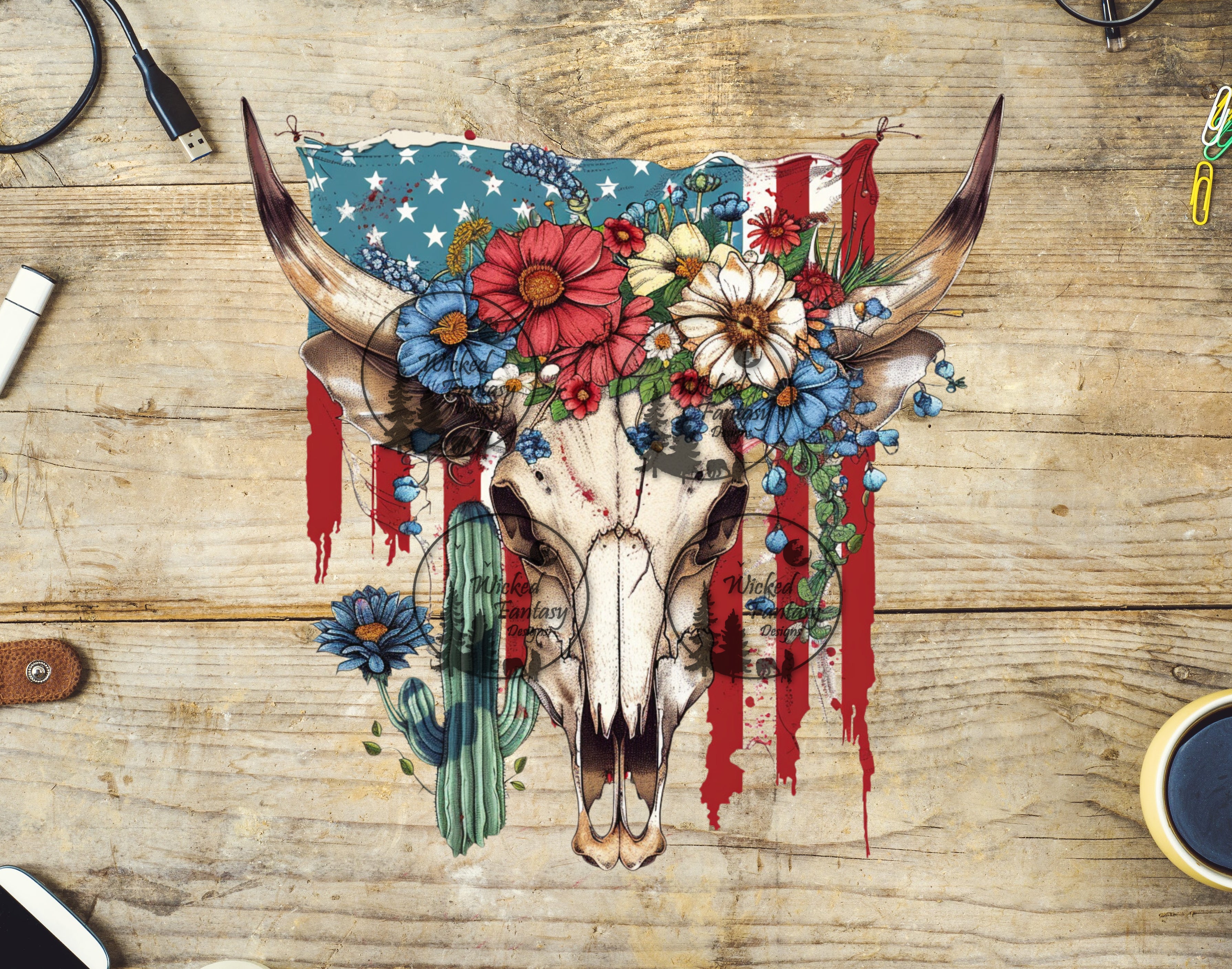 UVDTF Boho Cow Skull and American Flag – Wicked Fantasy Designs