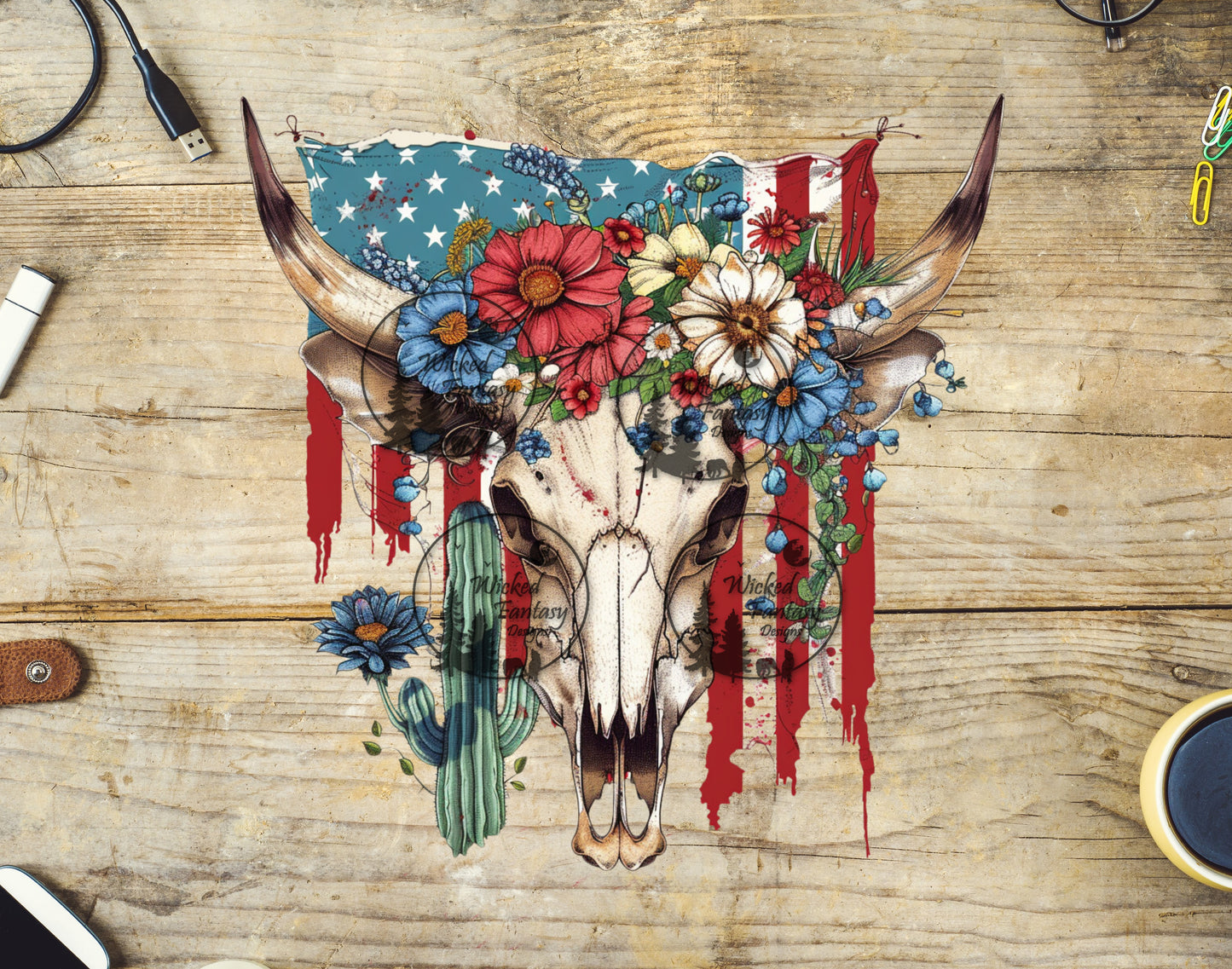 UVDTF Boho Cow Skull and American Flag