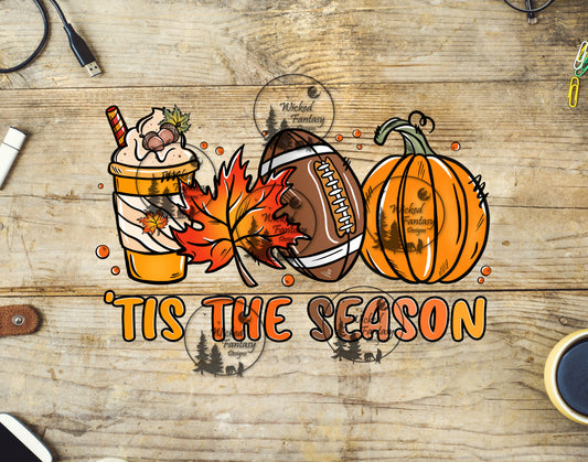UVDTF Decal Tis The Season Autumn Fall Football Pumpkin Spice Coffee Transparent Background Sticker 1pc