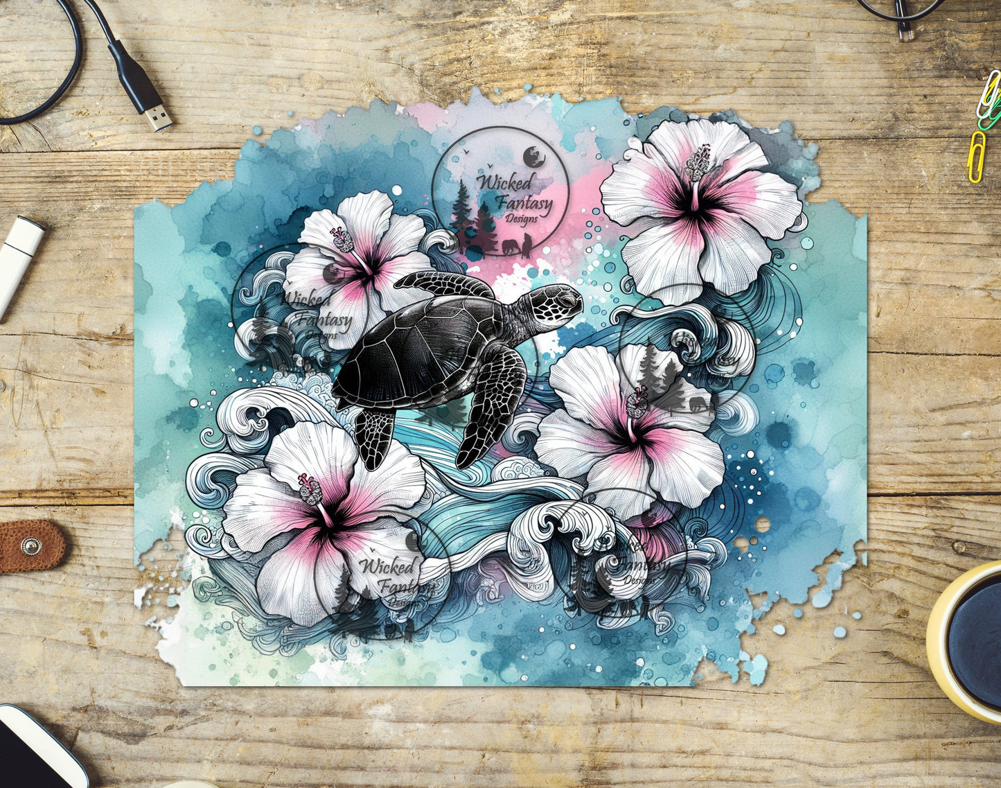 UVDTF Sea Turtle with Light Pink Hibiscus