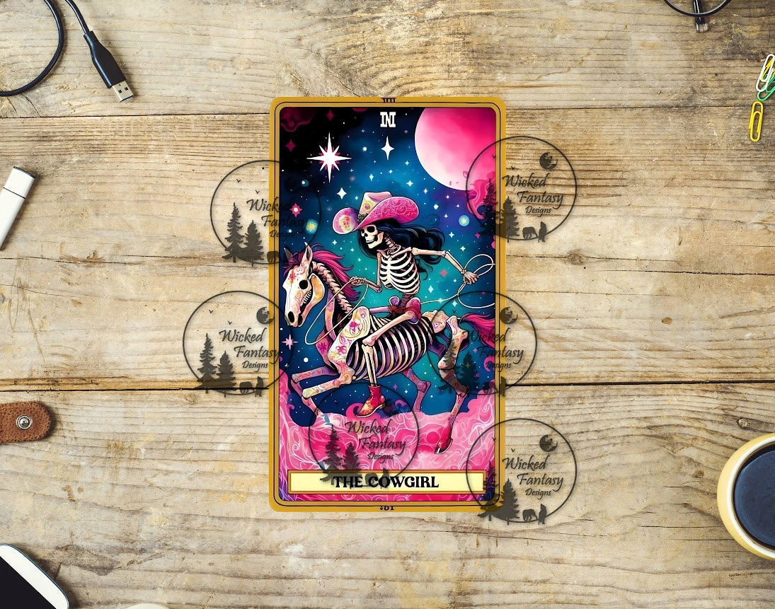 UVDTF The Cowgirl riding Skeleton Horse Tarot Card