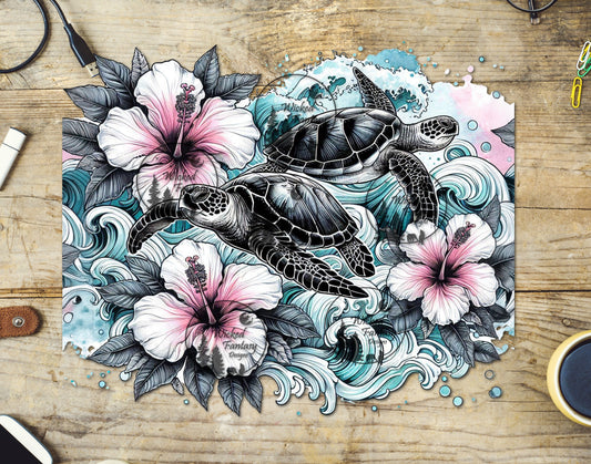 UVDTF Sea Turtle Pair with Light Pink Hibiscus