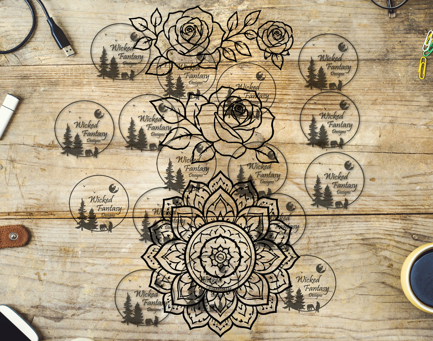UVDTF Mandala and Roses Line Art