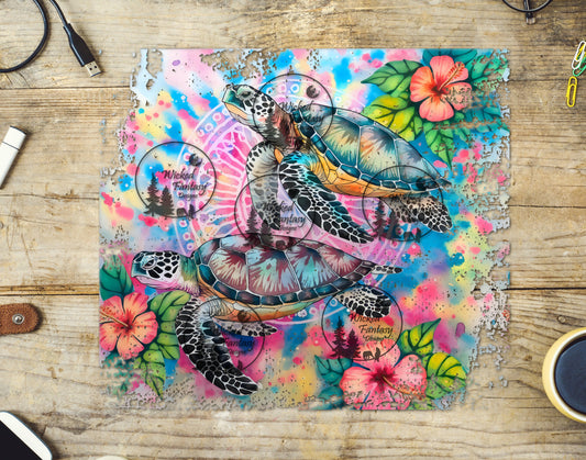 UVDTF Sea Turtle Pair with Tie Dye Background