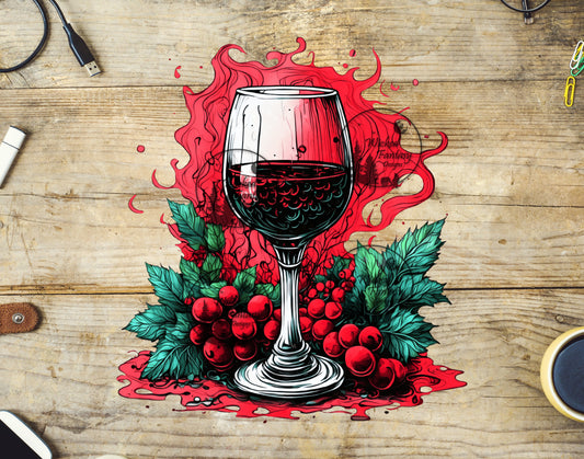 UVDTF Red Wine with Grapes and Red Background