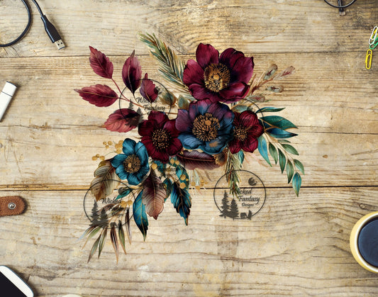 UVDTF Gilded Burgundy and Teal Floral Arrangement