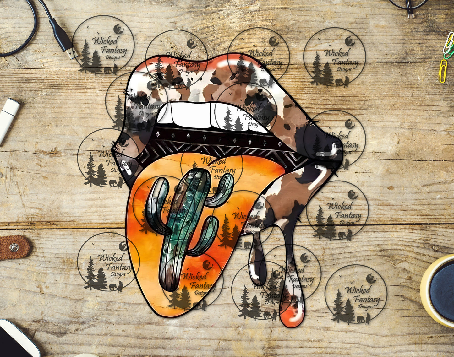 UVDTF Cow Print Lips with Cactus