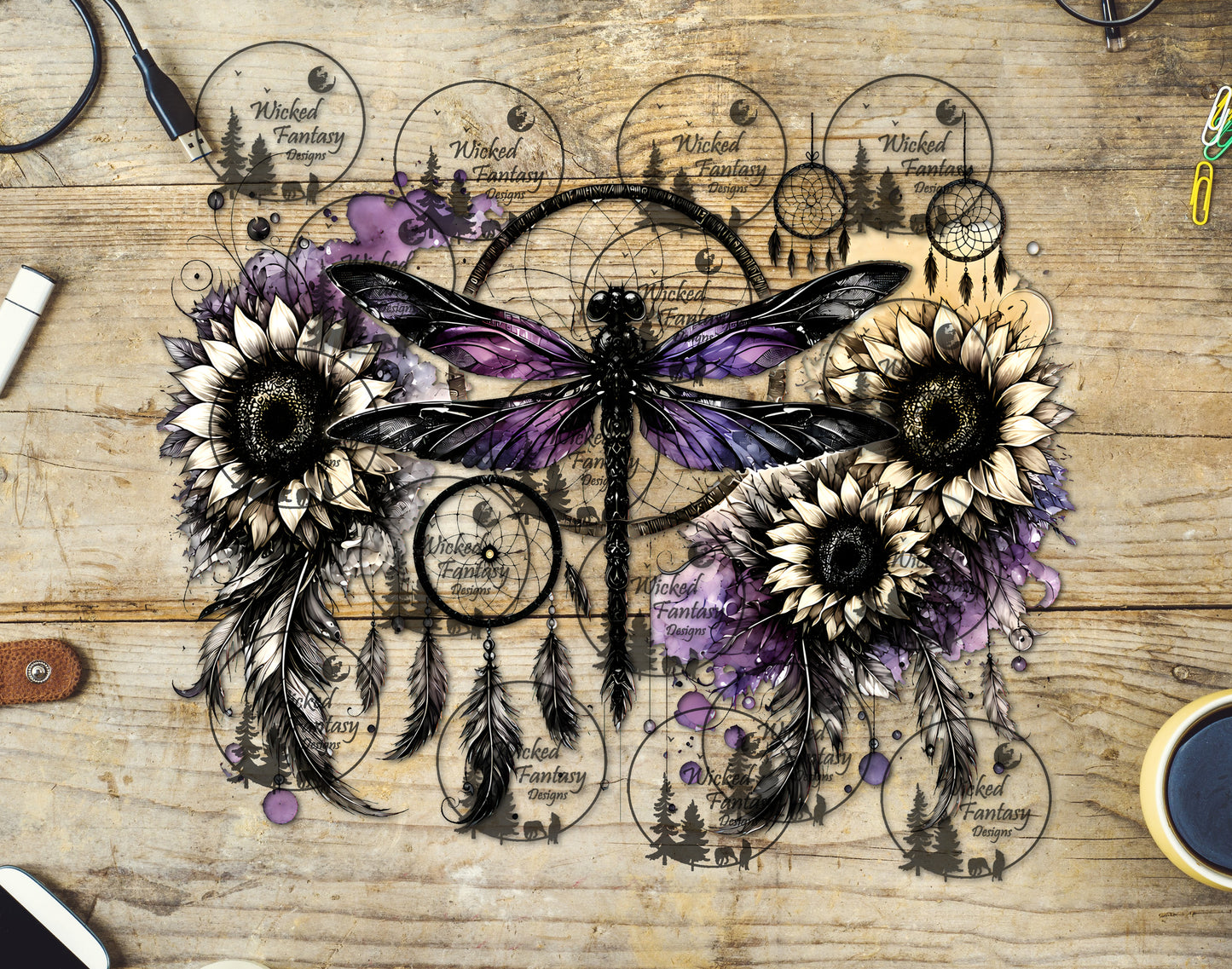 UVDTF Purple Dragonfly with Sunflowers