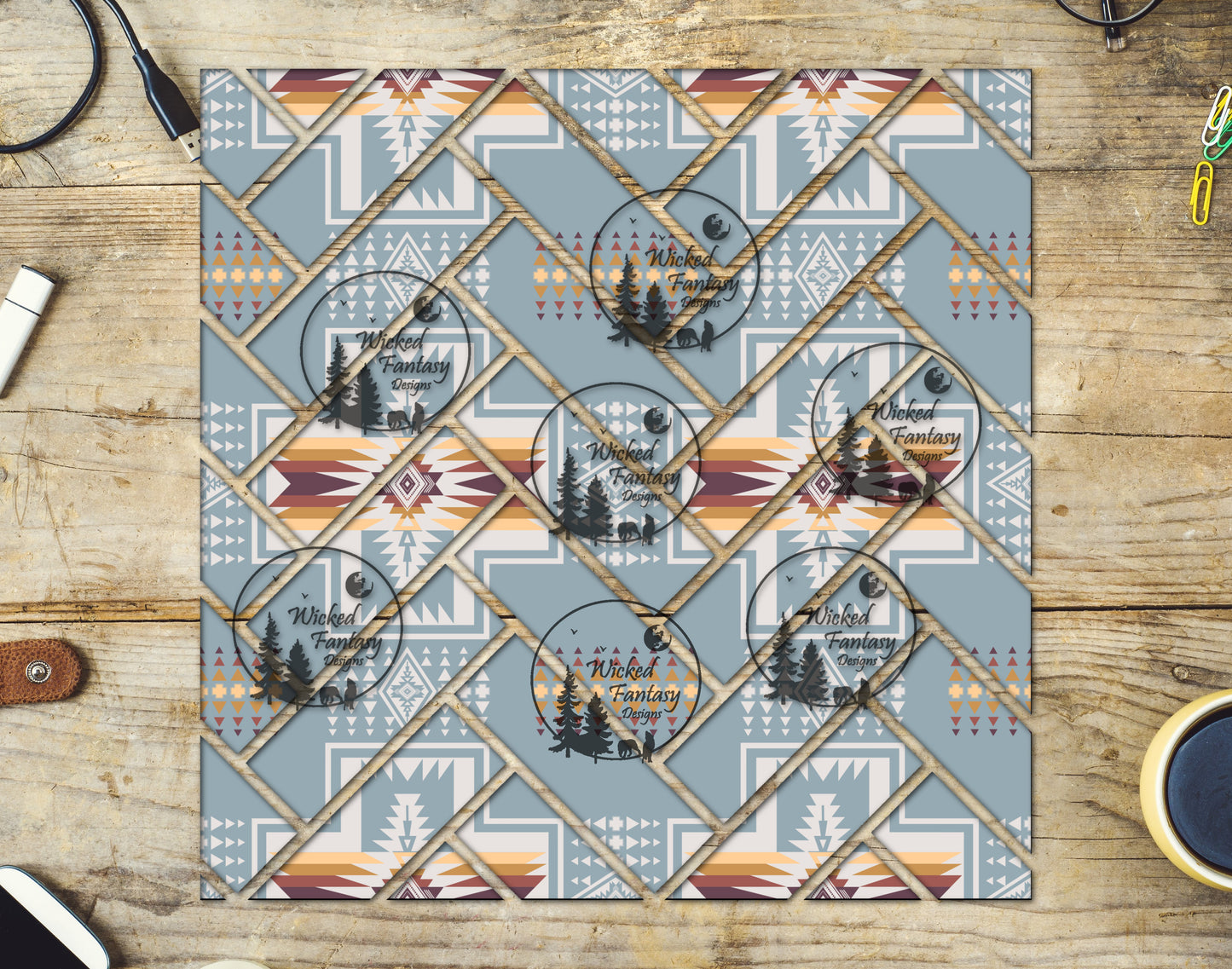 UVDTF Dusty Blue Neutrals Aztec Herringbone 20oz 30oz 10"x10"