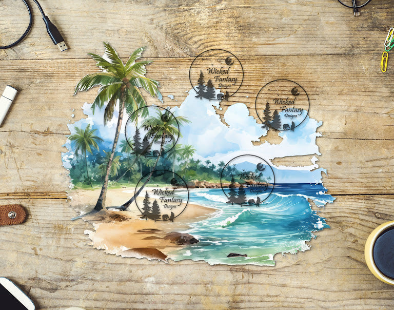 UVDTF Watercolor Beachfront Island View