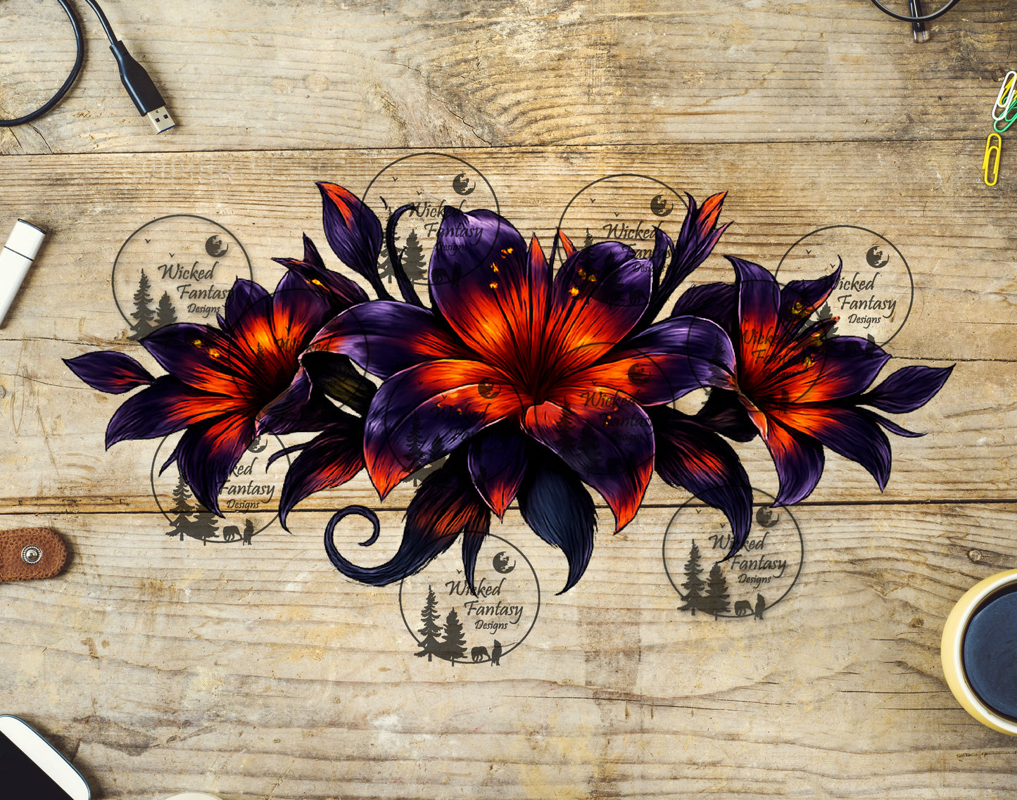 UVDTF Ember Bloom Lily Horizontal Floral Arrangement