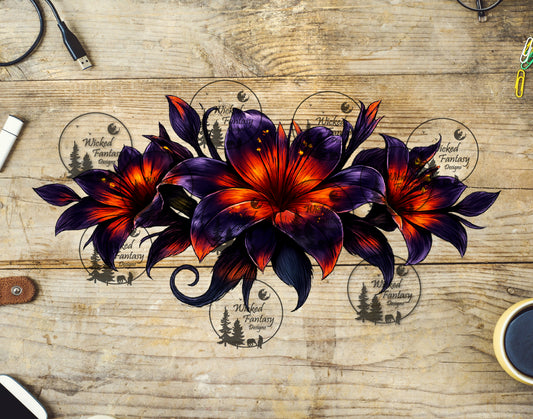 UVDTF Ember Bloom Lily Horizontal Floral Arrangement