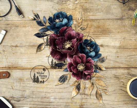 UVDTF Gilded Burgundy and Navy Floral Arrangement