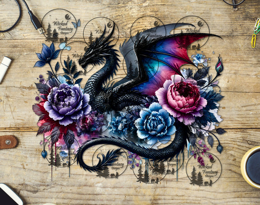 UVDTF Elegant Black Dragon with Peonies