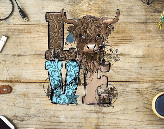 UVDTF Love with Tooled Leather and Highland Cow