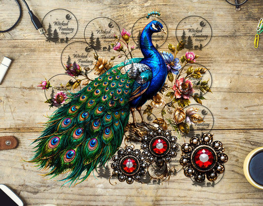 UVDTF Peacock with Pink Florals and Red Jeweled Conchos