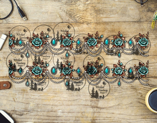 UVDTF Aqua Rose and Draped Pearls Border Element 11"