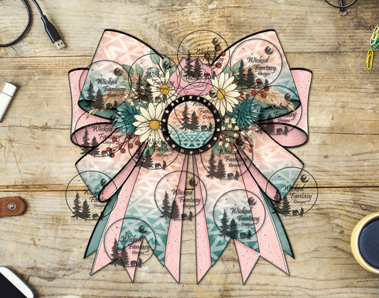 UVDTF Coral and Teal Aztec Bow with Conchos and Turquoise