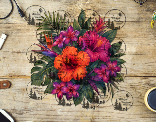 UVDTF Fuchsia Orange Hibiscus and Plumeria