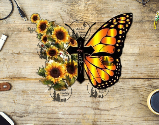 UVDTF Decal Monarch Butterfly Sunflower Faith Cross Sticker 1pc