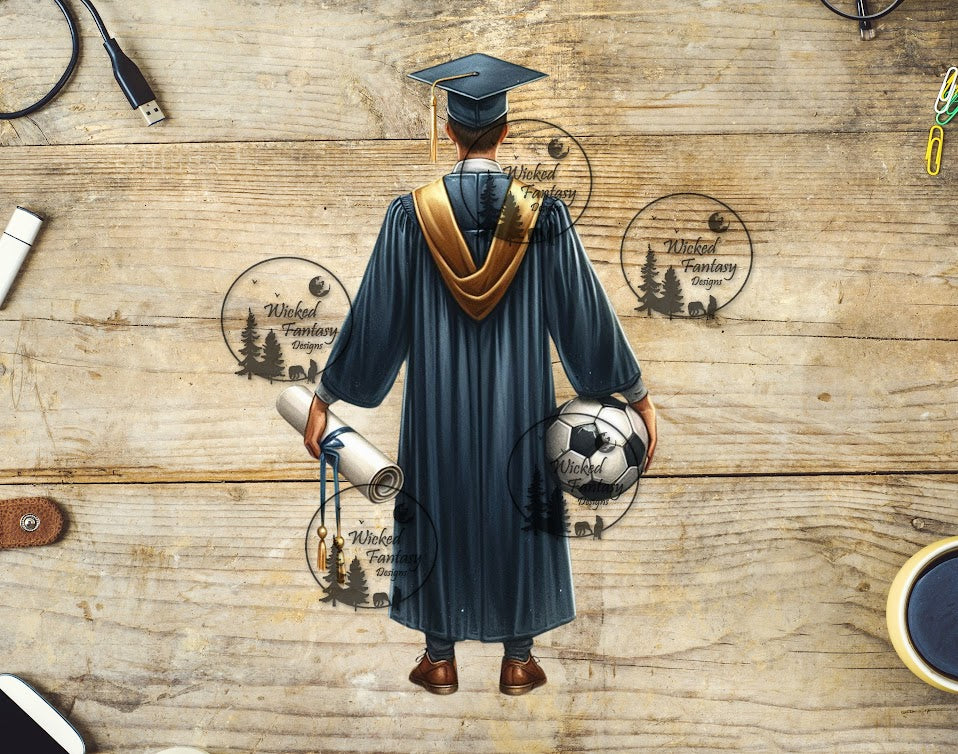 UVDTF Black Graduation Gown with diploma and soccer ball