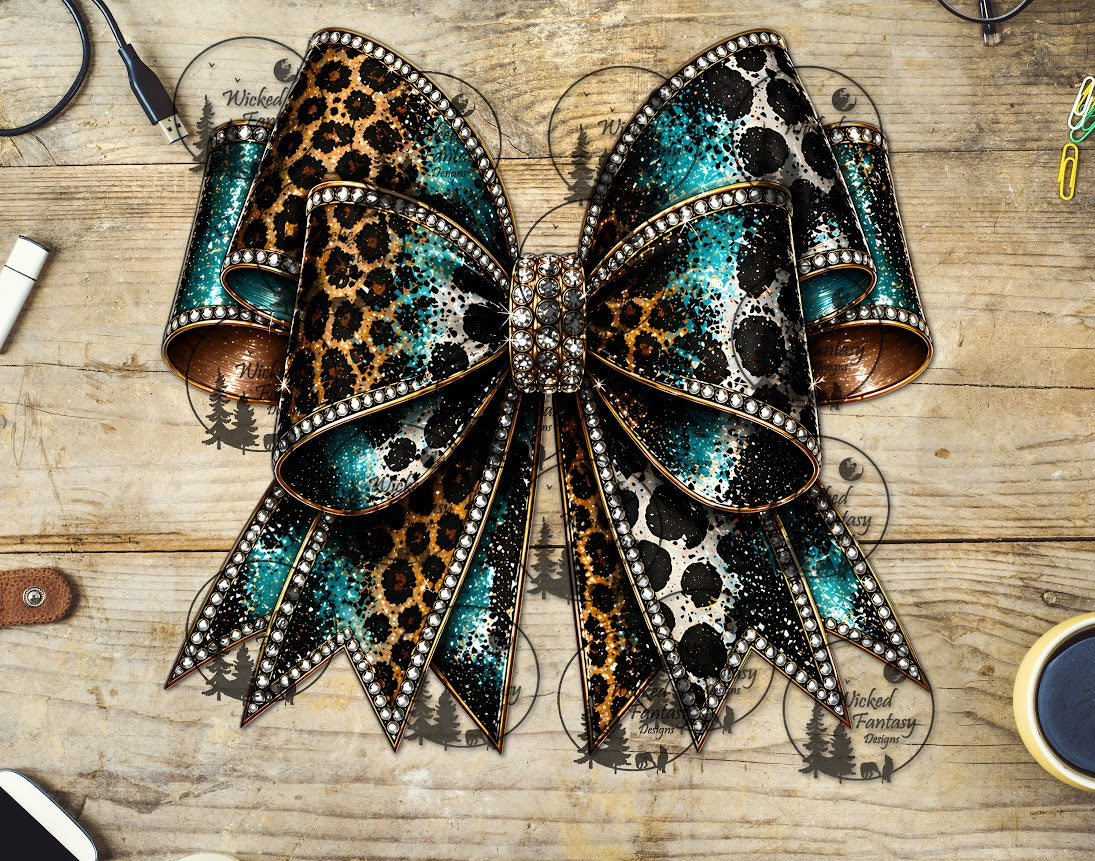 UVDTF Turquoise Cow Hide Leopard Triple Bow
