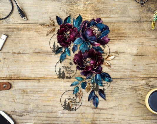 UVDTF Gilded Teal and Burgundy Floral Arrangement