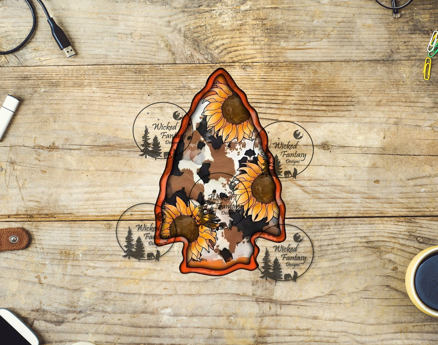 UVDTF Arrow Head with Sunflowers and Cow Print