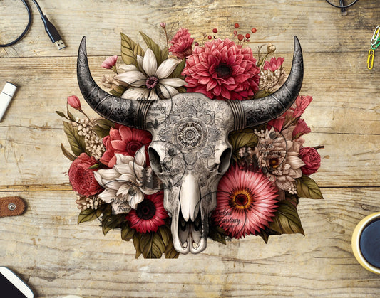 UVDTF Boho Cow Skull with Mandala and Blush Floral Arrangement