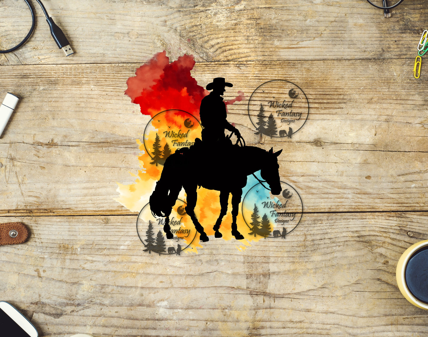 UVDTF Cowboy and Horse Silhouette Red Yellow Background