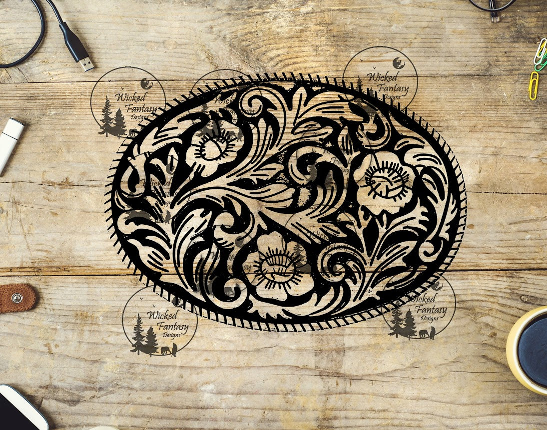 UVDTF Tooled Leather Line Art Buckle