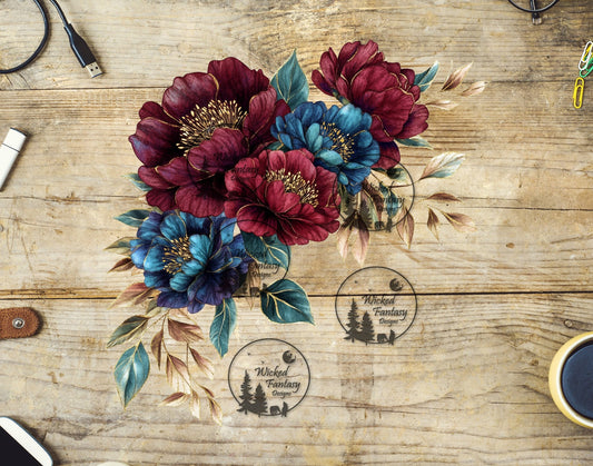 UVDTF Gilded Blue and Burgundy Floral Arrangement