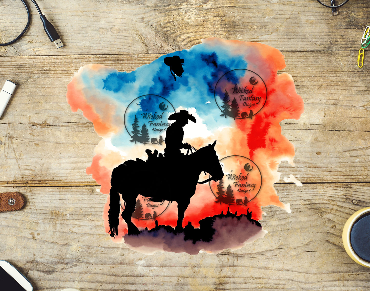 UVDTF Cowboy and Horse Silhouette Blue Orange