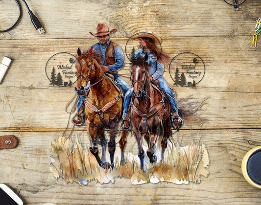 UVDTF Watercolor Cowboy and Cowgirl Riding Horses
