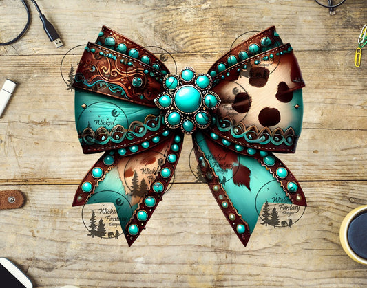 UVDTF Studded Turquoise and Leather Bow with Concho