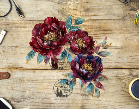 UVDTF Gilded Red and Burgundy Floral Arrangement