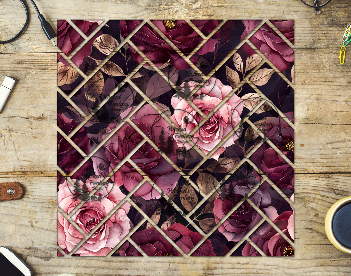 UVDTF Burgundy Floral Herringbone 20oz 30oz 10"x10"