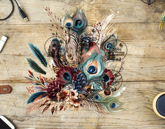 UVDTF Peacock Feathers and Neutrals Flower Arrangement