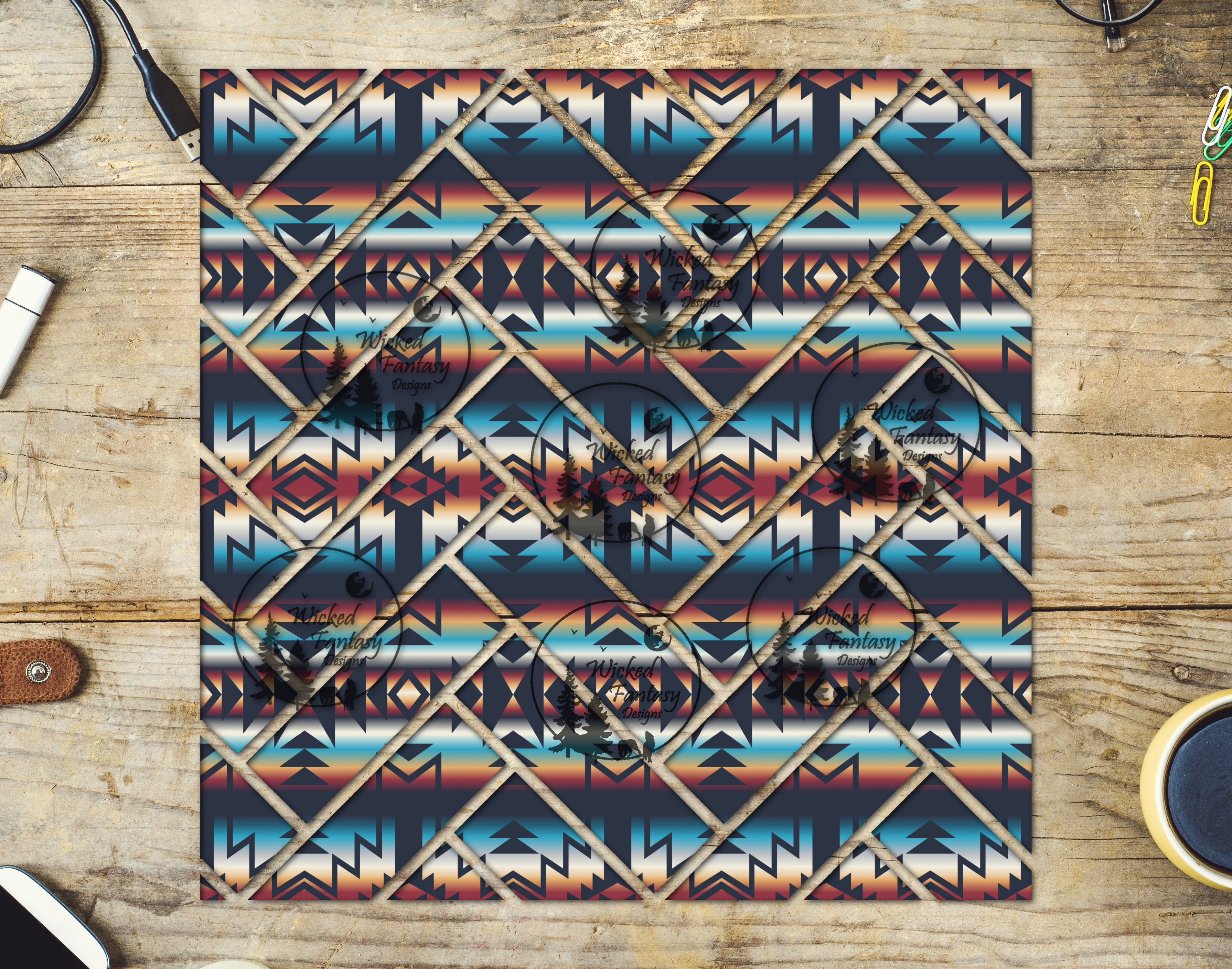 UVDTF Blue and Rust Aztec Herringbone 20oz 30oz 10