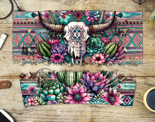 UVDTF Pink and Teal Aztec Cow Skull 16oz 40oz Tumbler Wrap