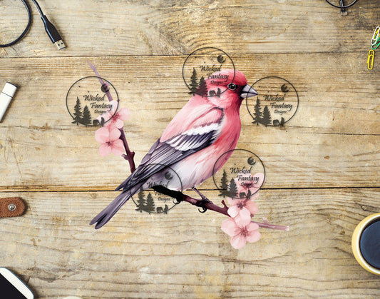 UVDTF Pink Bird on Branch with Cherry Blossoms